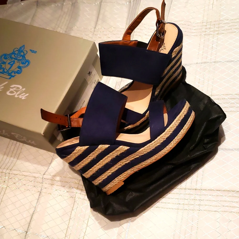 French Blu NEW Wedge Espadrille Platform Sandal NIB Navy Tan Women's 40